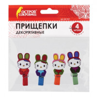 Прищепки декоративные, "Зайчики", 4 штуки, ассорти, ОСТРОВ СОКРОВИЩ, 661301, комплект 4 шт