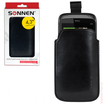Чехол для телефона SONNEN, кожзаменитель, M, 130x70x10 мм, универсальный, черный, 261962