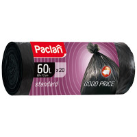 Мешки для мусора 60л Paclan "Standard" ПНД, 60*72см, 7,3 мкм, 20шт, черные, в рулоне, комплект 20 шт