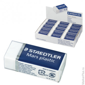 Резинка стирательная STAEDTLER (Штедлер), Премиум "MARS PLASTIC", 40x19x13 мм, картонный держатель, белая, 526 53