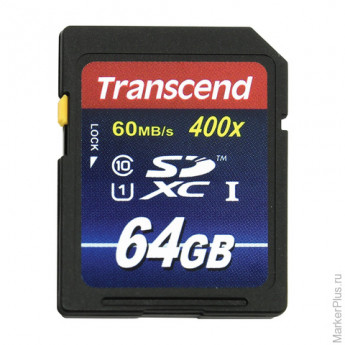 Карта памяти SDXC, 64 GB, TRANSCEND UHS-I, скорость передачи данных 60 МБ/сек (class 10), TS64GSDU1