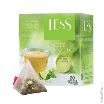 Чай TESS (Тесс) 'Ginger Mojito', зеленый с ароматом мяты и лайма, 20 пирамидок по 1,8 г, 0788-12