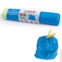Мешки для мусора с завязками 120 л. синие, в рулоне 10 шт., прочные, ПВД 35 мкм, 67х90 см, LAIMA, 601399