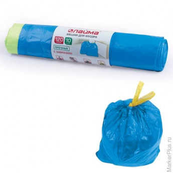 Мешки для мусора с завязками 120 л. синие, в рулоне 10 шт., прочные, ПВД 35 мкм, 67х90 см, LAIMA, 601399, комплект 10 шт