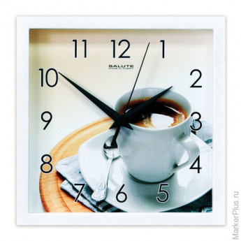 Часы настенные САЛЮТ ПЕ-А8-249, квадрат, белые с рисунком "Кофе", белая рамка, 23,5х23,5х3,5 см