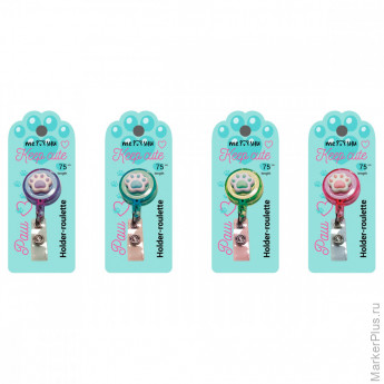 Держатель-рулетка для бейджей MESHU с топпером "Paw", 75см, петелька, клип, ассорти, блистер