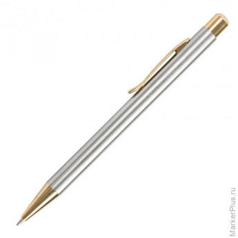 Ручка подарочная шариковая BRAUBERG Piano, СИНЯЯ, корпус серебристый с золотистым, линия письма 0,5 мм, 143472