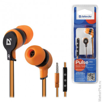 Наушники с микрофоном (гарнитура) DEFENDER Pulse 450, проводная, 1,2 м, вкладыши, для Android, оранжевая, 63450