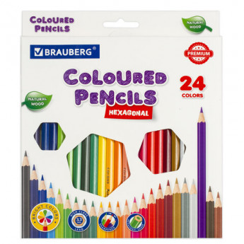 Карандаши цветные BRAUBERG PREMIUM, 24 цвета, шестигранные, грифель мягкий 3,3 мм, 181658
