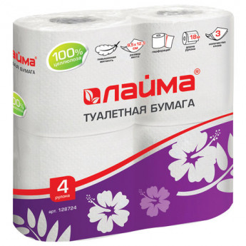 Бумага туалетная бытовая, спайка 4 шт., 3-х слойная, (4х18 м), LAIMA/ЛАЙМА, белая, 128724, комплект 4 шт