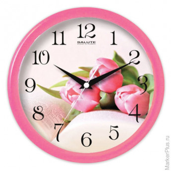 Часы настенные САЛЮТ ПЕ-Б1.1-226, круг, с рисунком "Тюльпаны", розовая рамка, 24,5х24,5х3,5 см