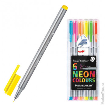 Ручки капиллярные STAEDTLER (Штедлер), набор 6 шт., трехгранные, 0,3 мм, цвета неоновые, а
