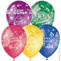 Воздушные шары, 25шт., M12/30см, Поиск "С Днем Рождения", пастель+декор, растровый рисунок, комплект 25 шт