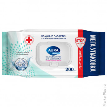 Салфетки влажные 200 шт, AURA Family антибактериальные, для всей семьи, крышка клапан, 10394 Салфетки влажные 200 шт, AURA Family антибактериальные, для всей семьи, крышка клапан, 10394