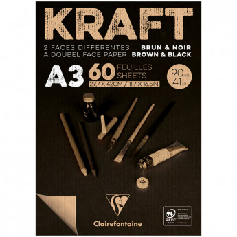 Блокнот для эскизов и зарисовок 60л. А3 на склейке Clairefontaine 'Kraft', 90г/м2,верже,черный/крафт
