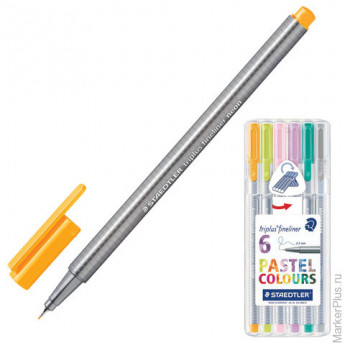 Ручки капиллярные STAEDTLER (Штедлер), набор 6 шт., трехгранные, 0,3 мм, цвета пастельные,