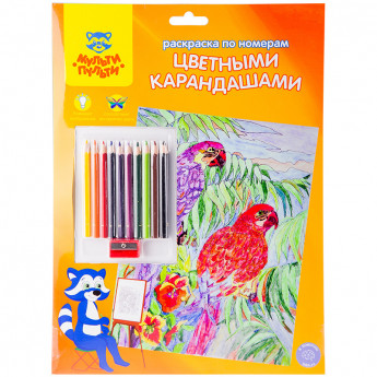 Раскраска по номерам Мульти-Пульти "Попугаи" А4, с цветными карандашами, картон, европодвес