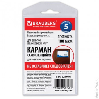 Карманы самоклеящиеся BRAUBERG, комплект 5 шт., 65х98 мм, для визитных карточек, 224076
