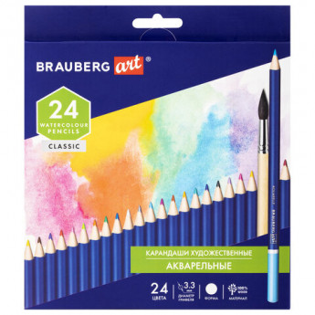 (СКОРО ПРИДЕТ) Карандаши цветные акварельные художественные BRAUBERG ART CLASSIC, 24 цвета, грифель