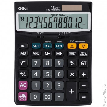 Калькулятор настоль.ПОЛНОРАЗ. БУХ. Deli E1630,12р,дв.пит, 188x140мм, черный
