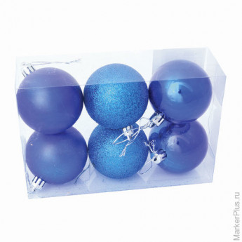 Шары елочные, набор 6 шт., пластик, диаметр 6 см, цвет синий (глянец, матовый, глиттер), ассорти, 59568
