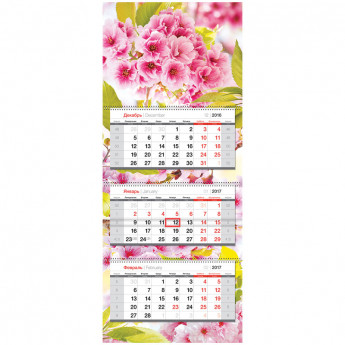 Календарь кварт. 3 бл. на 3-х гр. "Premium" - Нежные цветы, с бегунком, 2017 г.