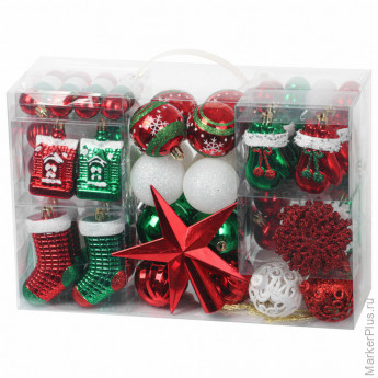 Шары новогодние ёлочные НАБОР 132 предмета "Red&Green", красный/зеленый/белый, пластик, ЗОЛОТАЯ СКАЗКА, 592180