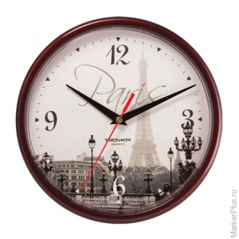 Часы настенные TROYKA 91931927, круг, с рисунком "Paris", коричневая рамка, 23х23х4 см