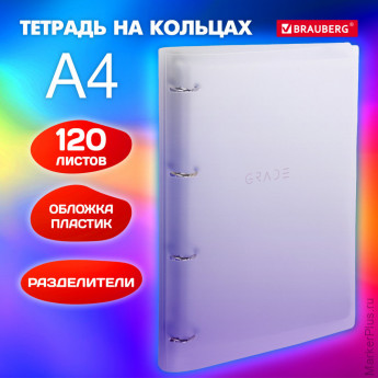 Тетрадь на кольцах БОЛЬШАЯ 305х235 мм А4, 120 л., пластик, с разделителями, BRAUBERG, Фиолетовый, 404623 Тетрадь на кольцах БОЛЬШАЯ 305х235 мм А4, 120 л., пластик, с разделителями, BRAUBERG, Фиолетовый, 404623