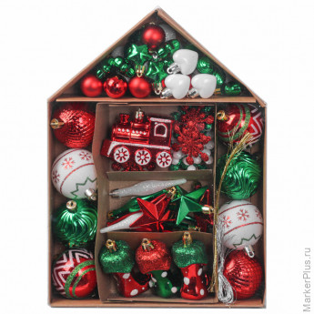 Шары новогодние ёлочные НАБОР 73 предмета "Fairy House", красный/зеленый, пластик, ЗОЛОТАЯ СКАЗКА, 592181