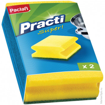 Губки для посуды PACLAN "PRACTI" поролон с абразивным слоем с выемкой для пальцев, 2 шт/упак