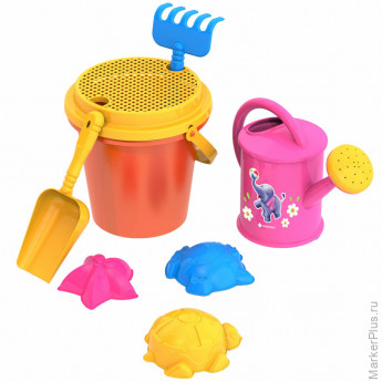 Набор для игр в песке: ведерко с ситом, лейка, совок,грабельки, 3 формочки "Морские", НОРДПЛАСТ, 431780