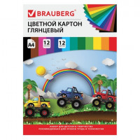 Картон цветной А4 МЕЛОВАННЫЙ (глянцевый), 12 листов 12 цветов, в папке, BRAUBERG, 200х290 мм, 'Гонки', 129916