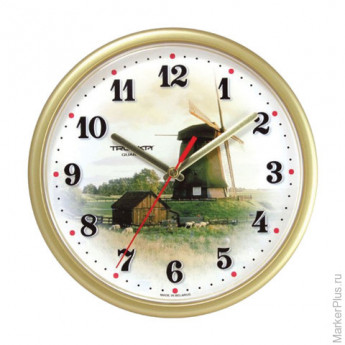 Часы настенные TROYKA 91971925, круг, белые с рисунком "Ветряная мельница", бежевая рамка, 23х23х4 с