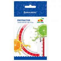 Транспортир 10 см BRAUBERG 'FRESH ZONE', 180 градусов, пластик, прозрачный, красная шкала, 210760
