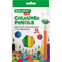Карандаши цветные утолщенные BRAUBERG KIDS, 12 цветов, шестигранные, грифель 5 мм, натуральное дерево, 181878