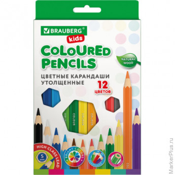 Карандаши цветные утолщенные BRAUBERG KIDS, 12 цветов, шестигранные, грифель 5 мм, натуральное дерево, 181878