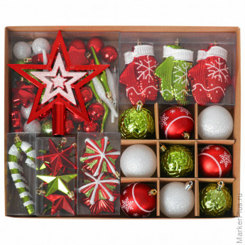 Шары новогодние ёлочные "Red&Lime" НАБОР 67 предметов, красный/лайм, пластик, ЗОЛОТАЯ СКАЗКА, 592184