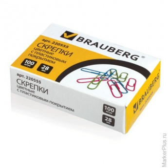 Скрепки BRAUBERG, 28 мм, цветные, 100 шт., в картонной коробке, 220555