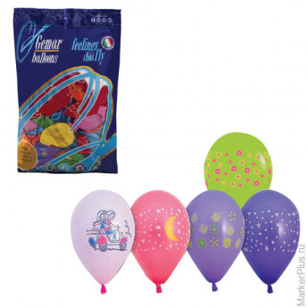 Шары воздушные 10" (25 см), комплект 100 шт., 12 пастельных цветов, 8 рисунков, в пакете, 1103-0007