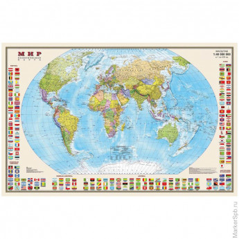 Карта "Мир" политическая 1:40млн. (0,58*0,9) мелованная бумага, с флагами