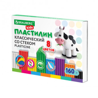 Пластилин классический BRAUBERG KIDS, 8 цветов, 160 г, со стеком, 106501