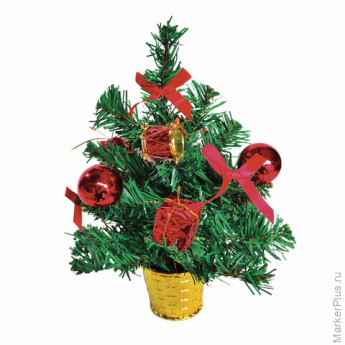 Ель искусственная новогодняя декоративная ЗОЛОТАЯ СКАЗКА 30 см, ПВХ, красные украшения, 591320