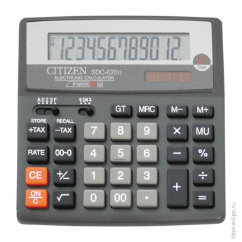 Калькулятор настольный Citizen SDC-620II, 12 разр., двойное питание, 156*159*32мм, серый