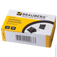 Зажимы для бумаг BRAUBERG, КОМПЛЕКТ 12 шт., 32 мм, на 140 листов, черные, картонная коробка, 220560, комплект 12 шт