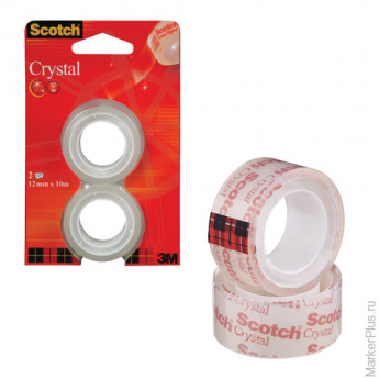 Клейкие ленты 19 мм х 7,5 м канцелярские SCOTCH "Crystal", комплект 2 шт., прозрачные, 50 мкм, 6-197