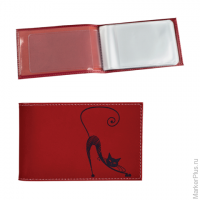 Визитница карманная BEFLER "Изящная кошка" на 40 визиток, натуральная кожа, тиснение, красная, V.37.