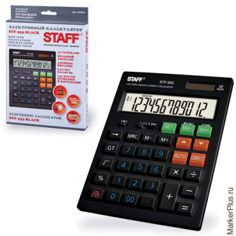 Калькулятор STAFF настольный STF-555-BLACK, 12 разрядов, CORRECT, TAX, ЧЕРНЫЙ, двойное питание, 205х