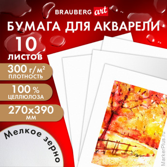Бумага для акварели 300 г, 270x390 мм, мелкое зерно, 10 листов, BRAUBERG ART PREMIERE, 115334