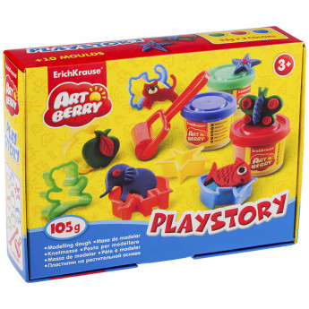 Набор для лепки ArtBerry "Playstory", 03 цвета*35г, 8 формочек, стек, ролик для пластилина, картон